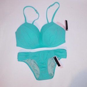 Victoria Secret Swim Bikini 32DD Top XS Bottom Aqua Seafoam Glow Push Up Halter